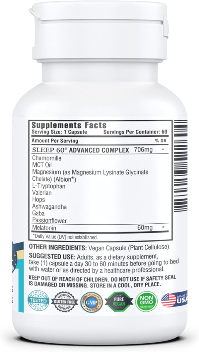 KAPPA NUTRITION Sleep 60, Sleep Aid, 60mg of Melatonin, 60-Day Supply, Non-Habit Forming Vegan Capsules Natural Ingredients for Easier Bedtime, Herbal Supplement, Valerian Root, Chamomile Non-GMO