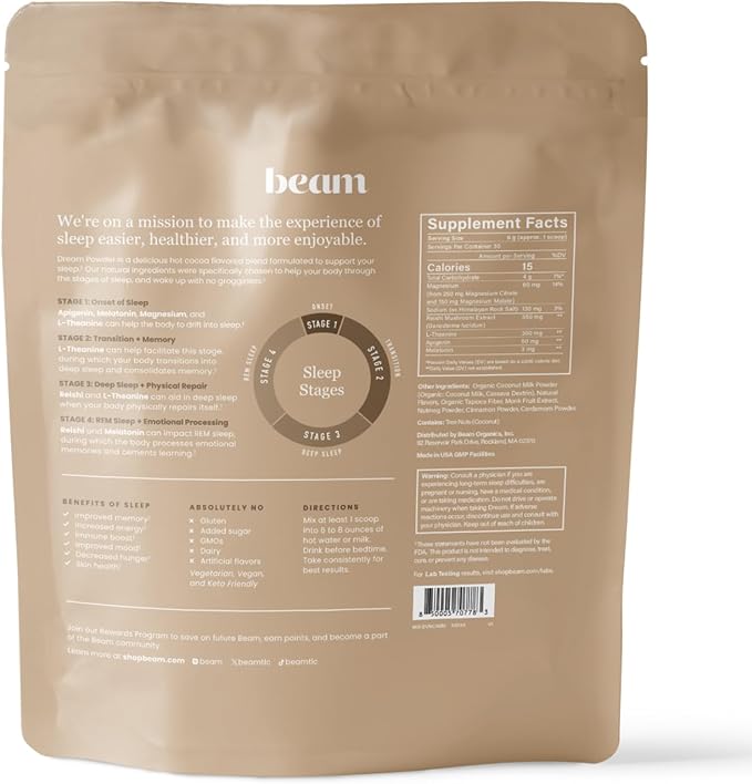 Beam Dream Sleep Powder, Sleep Supplement, Sleep Aids for Adults, Contains Magnesium, Melatonin, L Theanine, Apigenin, Natural Sleep Aid, Vegan, Non GMO, Dairy Free, 3rd Party Tested, 30 Servings