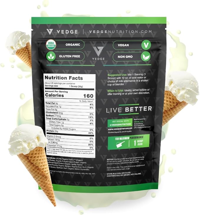 vedge Certified Organic Plant Protein Vanilla Ice Cream (20 Servings) - Plant-Based Vegan Protein Powder, USDA Organic, Gluten Free, Non Dairy Nutrition Plant Protein
