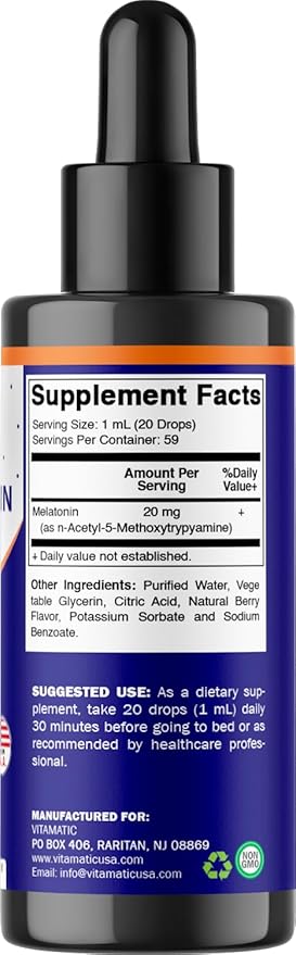 Vitamatic Melatonin 20mg Liquid Drops – 2 Fluid Ounce (59ml) – Natural Berry Flavor – for Adults – Non-GMO – Vegetarian Supplement