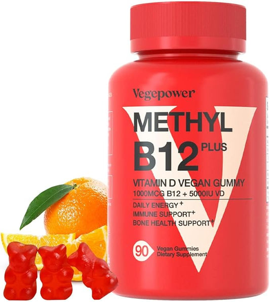 Vegan Vitamin B12 Gummies with Vitamin D - 90 Count I 1000 MCG Methyl B12 & D3 5000 IU Chewable Gummies Supplements for Adults & Kids - Supports Bone Health & Daily Energy Boost - Non-GMO, Orange