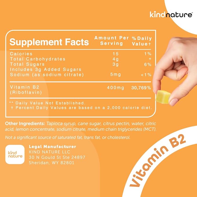 Kind Nature Vitamin B2 Gummies - Riboflavin 400mg Supplement for Kids & Adults - Non-GMO, Soy & Gluten-Free, Vegan Chewable Gummies (30 Day Supply)