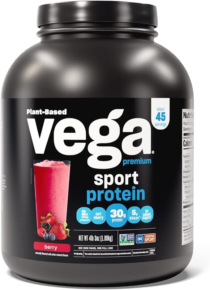 Vega Premium Sport Protein Berry Protein Powder, Vegan, Non GMO, Gluten Free Plant Based Protein Powder Drink Mix, NSF Certified for Sport, 4lb 3 oz