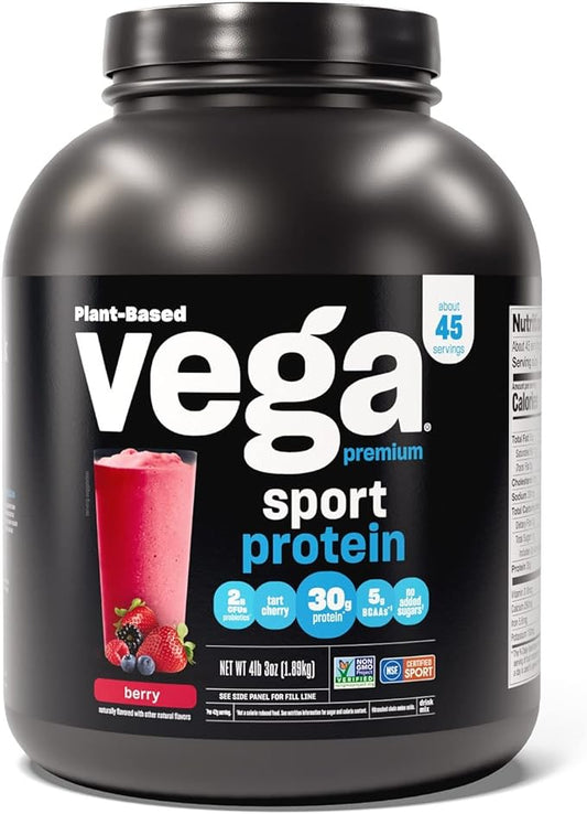 Vega Premium Sport Protein Berry Protein Powder, Vegan, Non GMO, Gluten Free Plant Based Protein Powder Drink Mix, NSF Certified for Sport, 4lb 3 oz