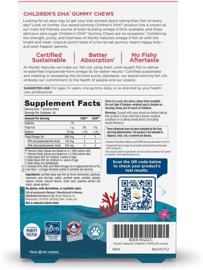 Nordic Naturals Zero Sugar Children’s DHA Gummy Chews, Tropical Punch - 45 Gummy Chews for Kids - 600 mg Total Omega-3s - Brain Development, Learning, Healthy Immunity - Non-GMO - 45 Servings