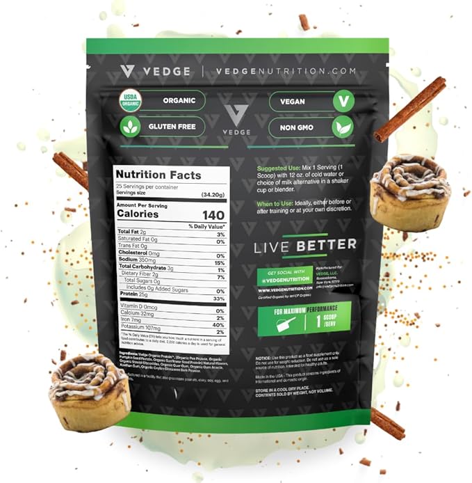 vedge Certified Organic Vegan Plant Protein - 25g Protein - Plant-Based Vegan Protein Powder with Stevia & Complete Amino Acids - USDA Organic, Gluten Free, Non Dairy Nutrition Plant Protein