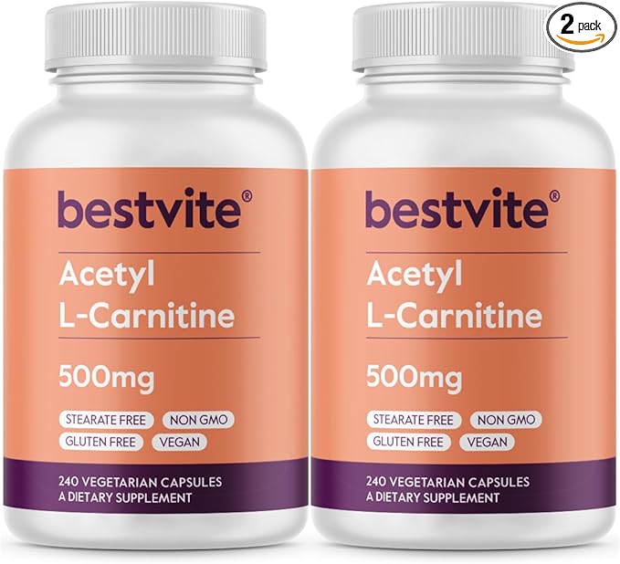 BESTVITE Acetyl L-Carnitine 500mg (480 Vegetarian Capsules) (240 x 2) - No Stearates - Vegan - Non GMO - Gluten Free