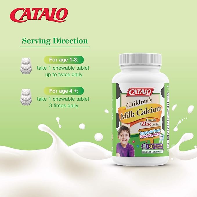 CATALO Children's Milk Calcium Formula with Zinc - 50 Bear-Shaped Chewable Tablets, Supports Bone Growth & Teeth Development, TruCal Calcium, Vanilla Flavor