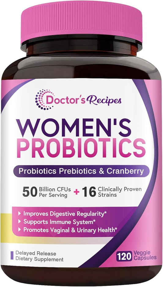 Doctor's Recipes Women’s Probiotic, 120 Caps 50 Billion CFU 16 Strains, with Organic Cranberry, Digestive Immune Vaginal & Urinary Health, Shelf Stable, Delayed Release, No Soy Gluten Dairy