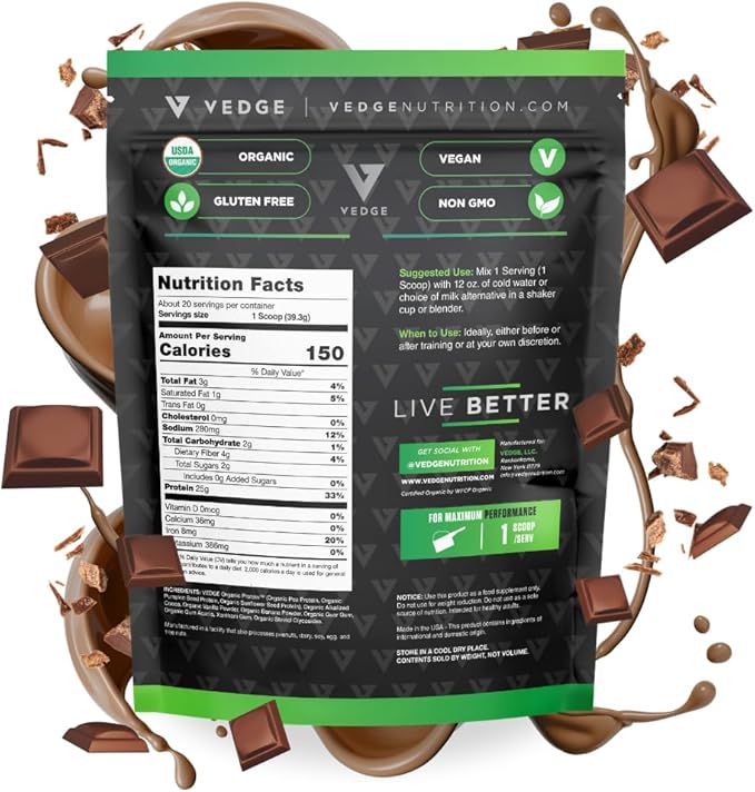 vedge Certified Organic Plant Protein Chocolate Flavor (20 Servings) - Plant-Based Vegan Protein Powder, USDA Organic, Gluten Free, Non Dairy Nutrition Plant Protein
