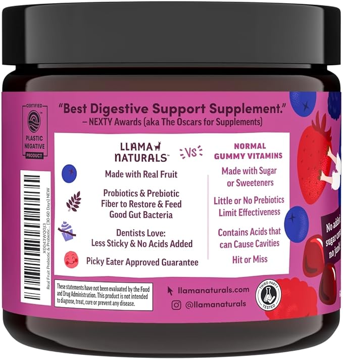 Llama Naturals Kids Probiotic with Prebiotic Fiber, Vegan, Organic Prebiotics and Probiotics Gummies for Gut Health Support, Toddler Real Fruit Gummy Vitamins, No Added Sugar Cane, Mixed Berry, 120 Ct