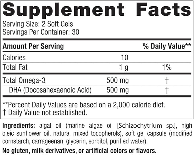 Nordic Naturals Algae DHA - 60 Soft Gels - 500 mg Omega-3 DHA - Certified Vegan Algae Oil - Plant-Based DHA - Brain, Eye & Nervous System Support - Non-GMO - 30 Servings