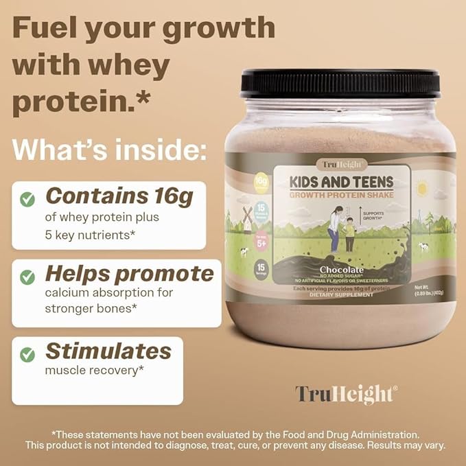 TruHeight Growth Protein Shake (Chocolate Milk Flavor, Whey) Natural Growth & Development Protein Powder for Kids & Teens - Weight Gain Drinks - Endorsed by Pediatricians, Picky Eater Vitamin, Ages 5+