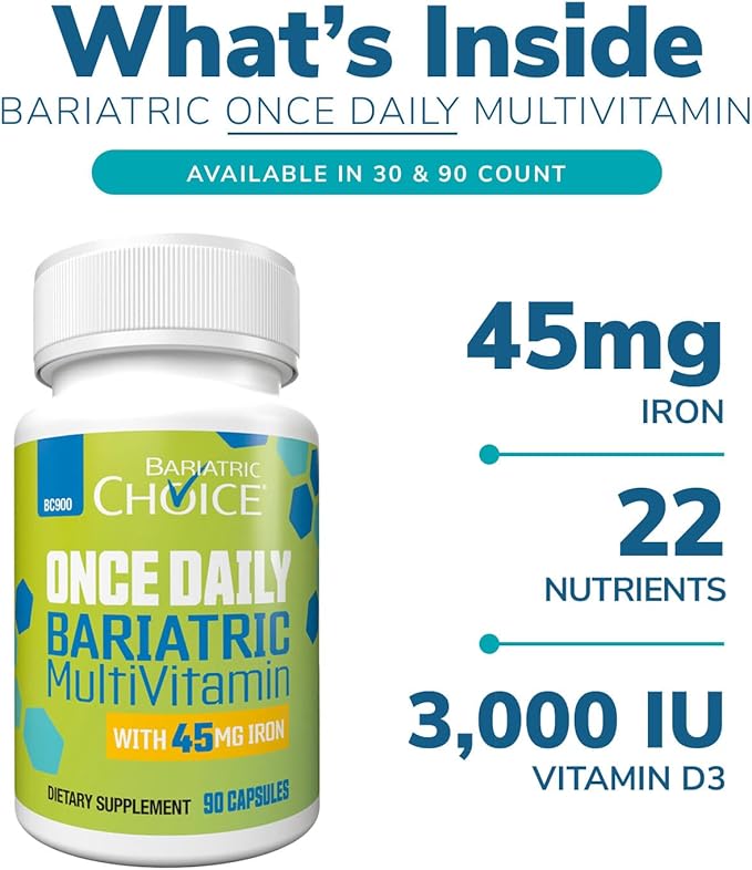 Bariatric Choice Once-Daily Bariatric Multivitamin with 45 mg of Iron | Easy to Swallow Capsule | Vitamin for Bariatric Surgery Patients | 30 Count (1-Month Supply)