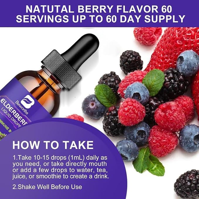 Elderberry Syrup | Quercetin Black Elderberry Liquid Drop with Quercetin, Panax Ginseng for Immune Support | Sambucus Elderberry with Vitamin C and Zinc, D3 | Vegan | Non-GMO | Original