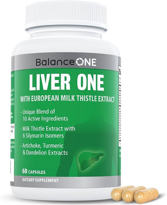 Balance ONE Liver Support Supplement with Milk Thistle Extract, Dandelion Root & Molybdenum – Natural Liver Cleanse, Repair & Detox for Men & Women - Vegan Capsules, 1 Month Supply - Liver One