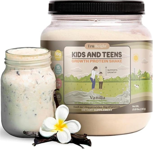 TruHeight Growth Protein Shake (Vanilla Ice Cream Flavor, Whey) Growth & Development Protein Powder for Kids & Teens - Weight Gain Drinks - Endorsed by Pediatricians, Picky Eater Vitamin, Ages 5+