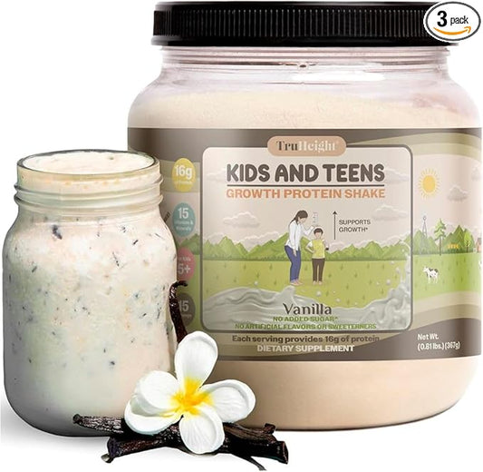 TruHeight Growth Protein Shake (Vanilla Ice Cream Flavor, Whey) Growth & Development Protein Powder for Kids & Teens - Weight Gain Drinks - Endorsed by Pediatricians, Picky Eater Vitamin, Ages 5+