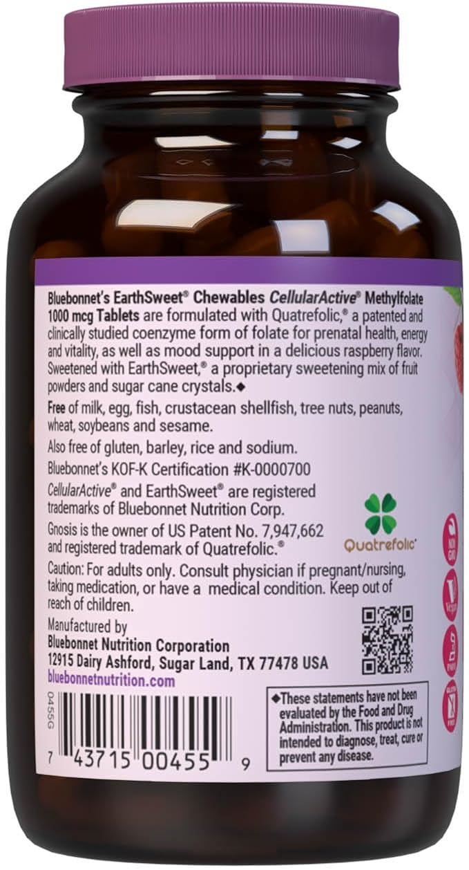 Bluebonnet EarthSweet Methylfolate 1000 mcg Cellular Active Coenzyme 5-MTHF L Methyl Folate Supplement - Prenatal & Energy Support - Non-GMO, Vegan, Gluten-Free - Raspberry - 90 Chewable Tablets
