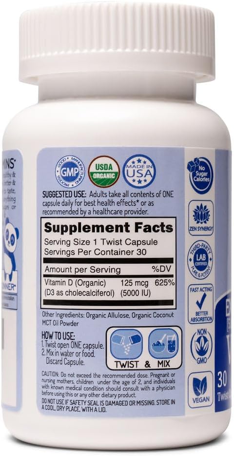 Extra Strength Organic Vitamin D3 5000 IU Supplement | for Strong Bones & Healthy Immunity | Unique Twist & Mix Design | GMO Gluten Vegan & Taste Free | for Adults Only | 30 Servings