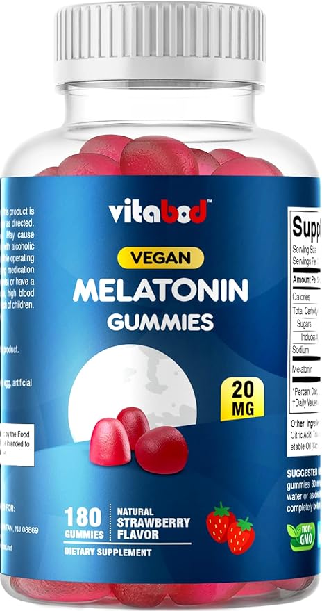 Melatonin 20mg Gummies - 180 Count - Drug Free - Natural Strawberry Flavor - Vegetarian, Non-GMO, Gluten Free (1 Bottles)