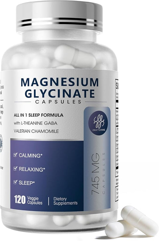 Magnesium Glycinate 850mg Capsules with L-Theanine, Chamomile & GABA for Sleep, Calmness, Muscle, Bone Health & Immune Support, Magnesium for Women and Men, Vegan, High-Absorption, 120 Count