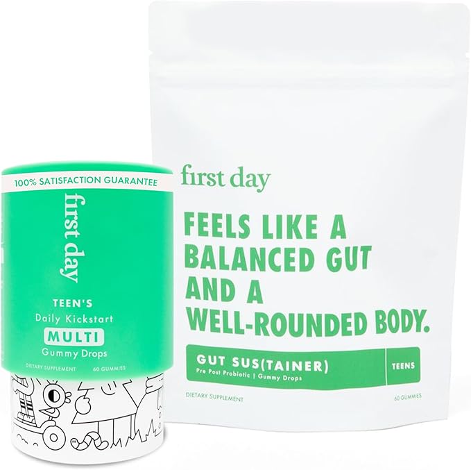 FIRST DAY Teens Daily Multivitamin + Tribiotic Gummies – Vitamin A, D3, B6, B12, C, Pre+, Post+, Probiotics & More to Support Growth, Brain Function, Immunity, Digestion – Low Sugar – 30 Day Supply