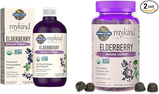 Garden of Life Organics Plant-Based Elderberry Immune Syrup 6.59 fl oz & Organics Elderberry Gummies for Adults & Kids