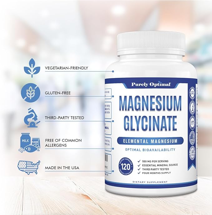 Purely Optimal Magnesium Glycinate 500mg - Premium Non-Buffered Supplement for Sleep, Calm & Muscle Function Support, 120 Easy-to-Swallow Capsules - High Absorption & Gentle on Stomach