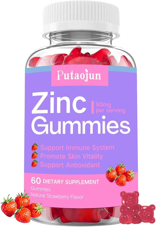 Zinc Gummies for Kids & Adults - Immune Support, High Absorption Vitamin C & Zinc Supplement, Natural Strawberry Flavor, Sugar Free, Vegan - 60 Count
