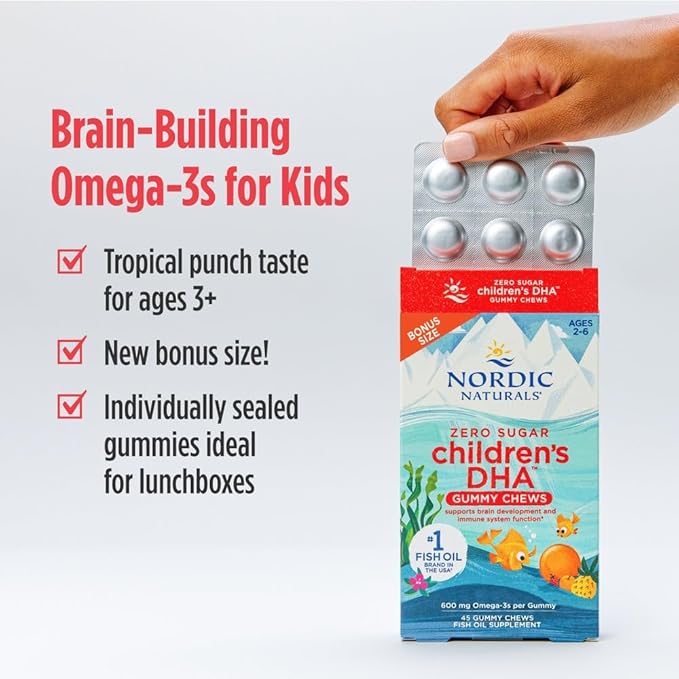 Nordic Naturals Zero Sugar Children’s DHA Gummy Chews, Tropical Punch - 45 Gummy Chews for Kids - 600 mg Total Omega-3s - Brain Development, Learning, Healthy Immunity - Non-GMO - 45 Servings