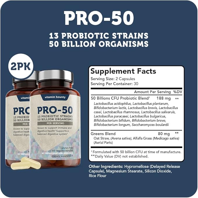 Vitamin Bounty Pro-50 Probiotic - 50 Billion Organisms and 13 Probiotic Strains that Promote Gut Health, Digestive Health Probiotic, Delayed Release Capsule with Prebiotic Greens - 60 Capsules, 2 Pack