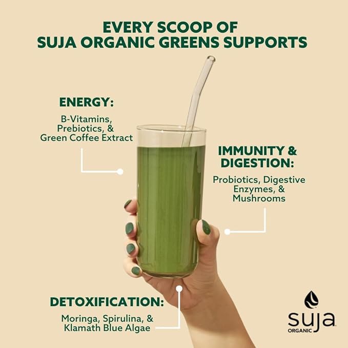 Suja Organic Greens Powder Probiotic Blend, Spirulina, Daily Superfood Drink or Smoothie Mix for Immune Support, Digestion, & Energy, Vegan, Gluten Free, Non GMO, 10 Servings
