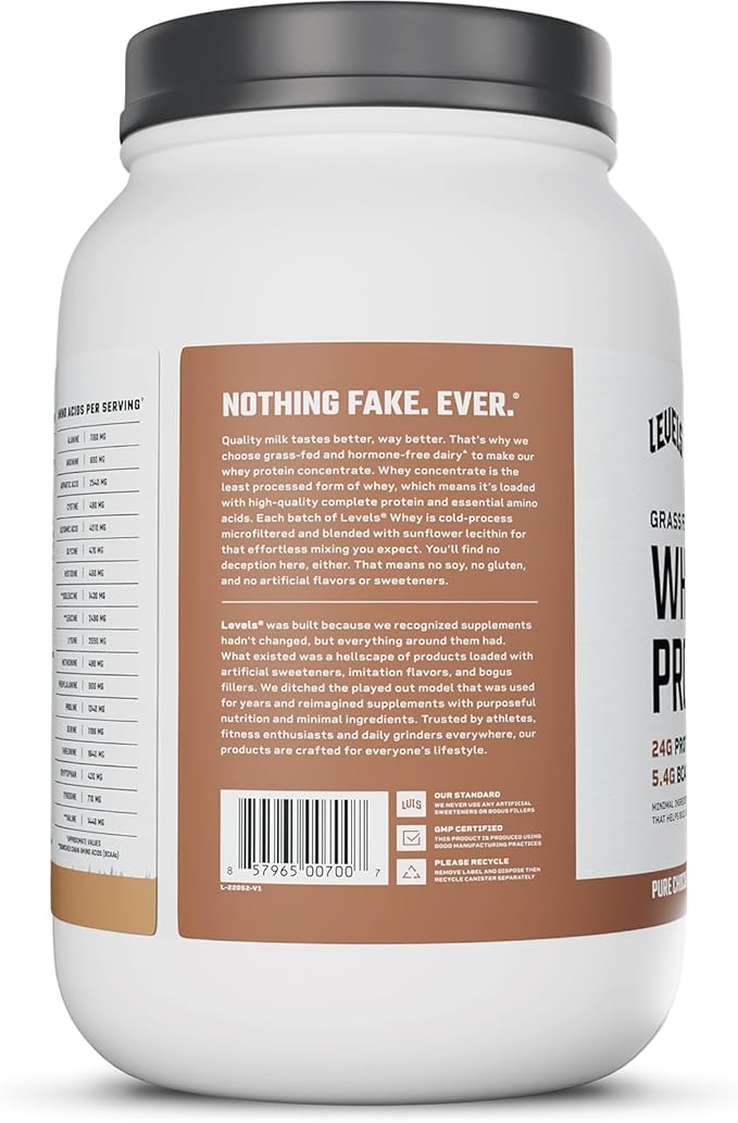 Levels Grass Fed Whey Protein Powder, No Artificials, 24G of Protein, Pure Chocolate, 2LB