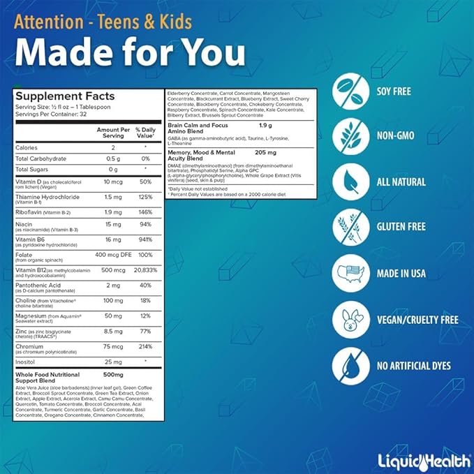 LIQUIDHEALTH Attention Liquid Multivitamin for Kids & Teens - Improves Memory Retention, Concentration, Focus, Mood, Relaxation & Calming - Great Taste, Vegan, Sugar-Free (16 oz)