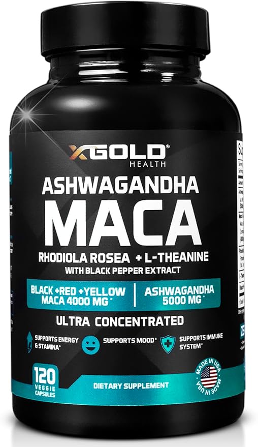 Ashwagandha 5,000mg + Maca Root Black, Red, Yellow 4,000mg, Rhodiola & L-Theanine: 30:1 Extract Ashwagandha Capsules, 20:1 Extract Maca Root Capsules - Supplement for Men and Women