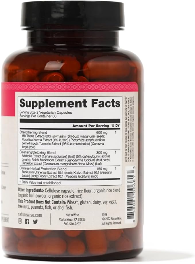 NatureWise Liver Balance Detox Supplement - Triple Repair Formula with Milk Thistle, Dandelion, Turmeric, Artichoke, Reishi Mushroom & Kudzu, - Vegan - 120 Capsules[60-Day Supply]