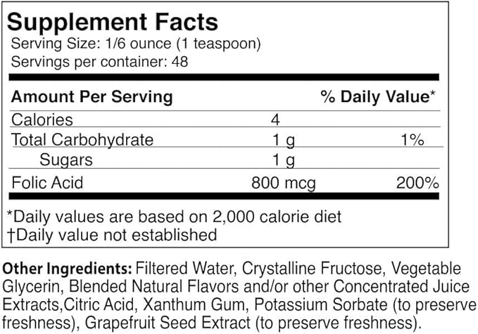 Liquid Folic Acid Supplement – 800 mcg Vitamin B9 per Serving – Berry Flavor, 8 fl oz – Fast Absorption, Prenatal, Heart & Brain Support