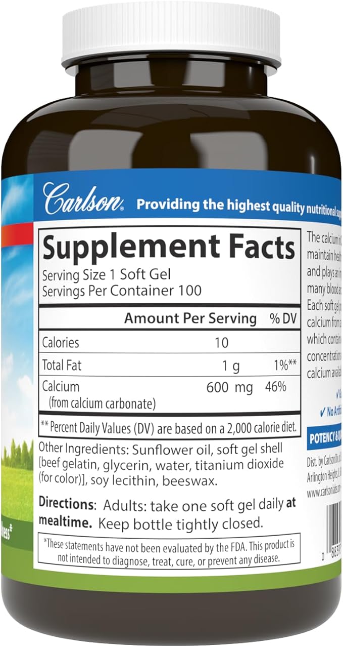 Carlson - Cal-600, 600 mg Calcium, Bone Support, Healthy Teeth & Optimal Wellness, 100 Softgels