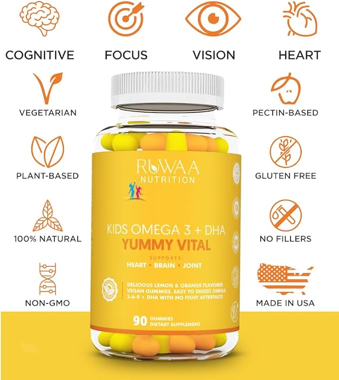 Kids Omega 3 Gummies DHA EPA Omega 3 Supplement Kids. No Fish Oil After-Taste Vegan Omega 3 6 9 + DHA Gummies & Vitamin C. Cognitive Health, Focus, Vision. Children Omega 3 540ct (6)