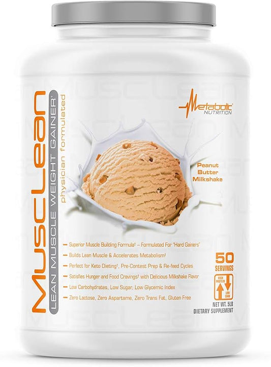 Metabolic Nutrition - Musclean - Milkshake, Whey High Protein Meal Replacement, Maintenance Nutrition, Low Carb, Keto Diet, Digestive Enzymes, Peanut Butter, 5 Pound (50 ser)