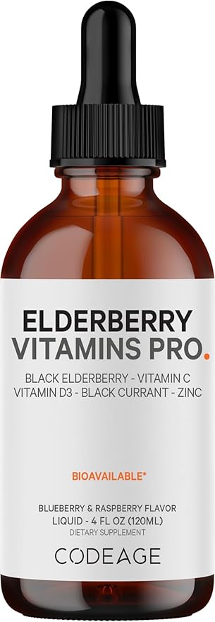 Codeage Elderberry Vitamins Pro - Organic Black Elderberry Liquid Drops - Vitamin C, Vitamin D3, Zinc, Black Currant - 2-Month Supply - Black Sambucus Liquid - Supplement for Adults & Kids - 4 fl oz