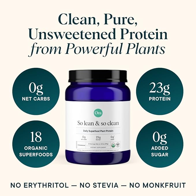 Ora Organic Vegan Protein Powder - 23g Plant Based Pea Protein + Superfood for Women and Men - Unsweetened 20 Servings, No Erythritol, Digestive Enzyme, Keto-Friendly, Gluten-Free, Paleo, Soy-Free