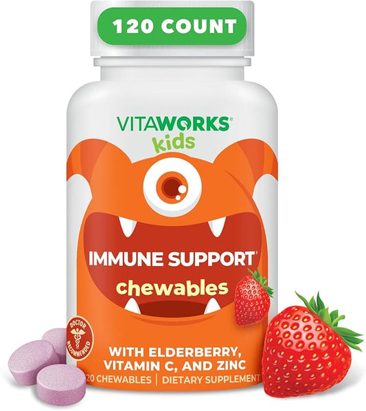Kids Elderberry With Zinc and Vitamin C - Immune Support Supplement Chewable Tablets - Tasty Natural Mixed Berry Flavor - Vegan, Vegetarian, Gluten Free, Non-GMO, for Children, 120 Chewables