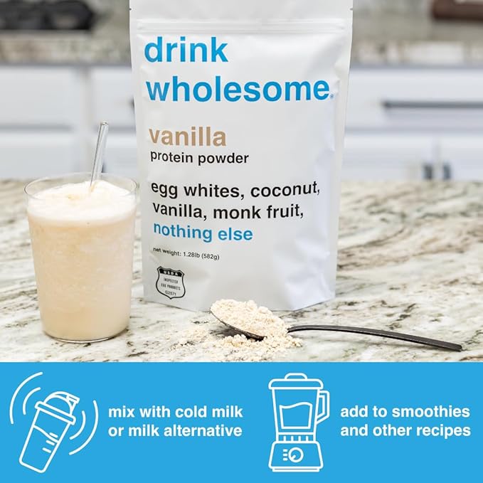 drink wholesome Vanilla Egg White Protein Powder | for Sensitive Stomachs | Gut Friendly | Dairy Free | No Artificial Sweeteners or Stevia | Carnivore, Keto, Low Carb & Paleo | for Kids & Seniors