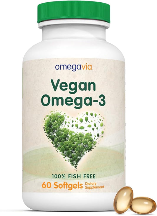 OmegaVia Vegan Omega 3 Supplement, Algae Omega 3 Fish Oil Alternative, 300mg Vegan DHA Fatty Acids, Plant Based, Planet and Ocean Friendly, IAOS 5 Star Tested, 60 Softgels
