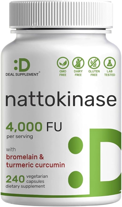 DEAL SUPPLEMENT Nattokinase 4,000 FU Per Serving, 240 Veggie Capsules – Bromelain, Turmeric Curcumin, with Black Pepper Complex – Heart Health & Digestive Enzymes – Non-GMO, Vegan
