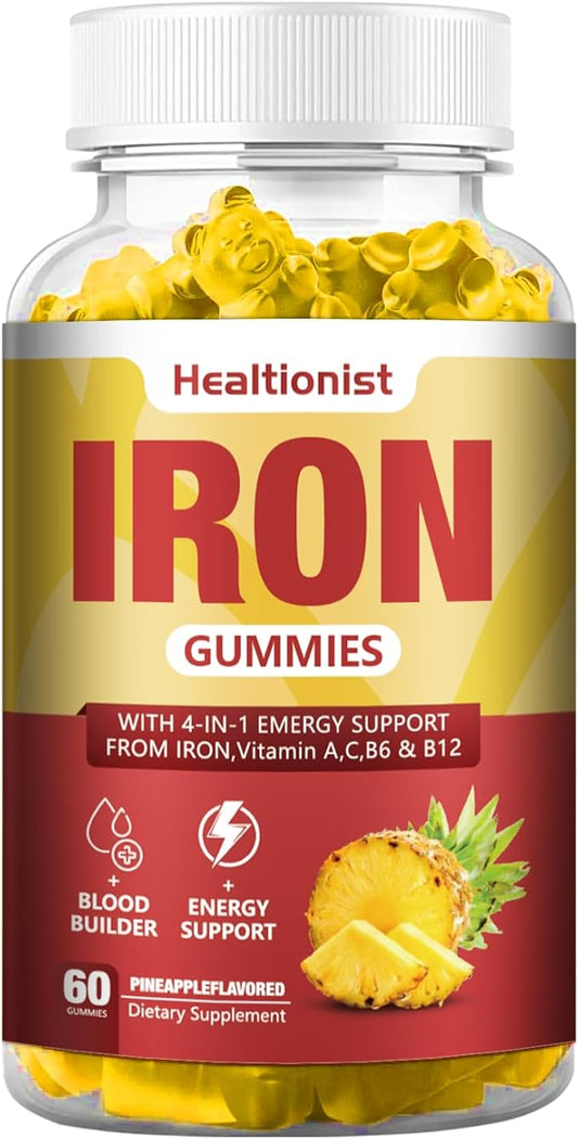 1 Pack Vegan 100Mg Iron Supplements Gummies for Women & Men - Blood Builder & Energy Support for Iron Deficiency, Anemia - Vitamin C, A, B for Adults & Kids, 60 Counts Pineapple Flavor