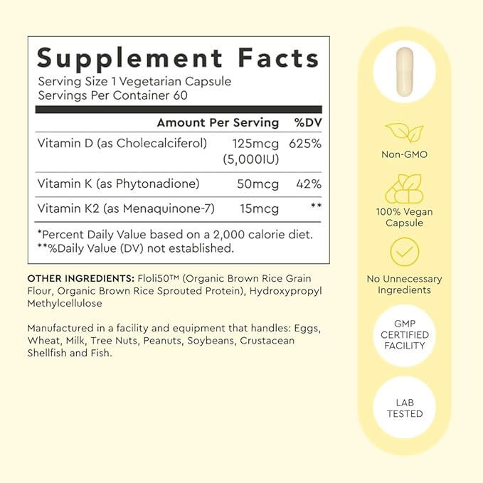 Alaya Naturals Vitamin D3 K2 Supplement – 5000 IU D3, 50 mcg K1, 15 mcg K2 MK-7 – High Absorption Capsules for Bone & Immune Support, Non-GMO, Vegetarian Capsules 60 Count