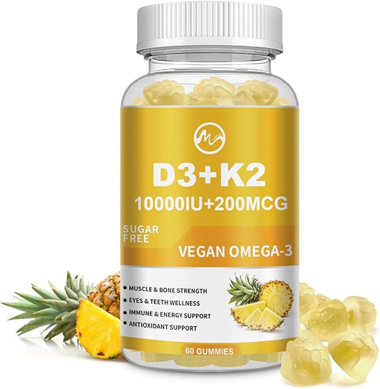 Vitamin D3 K2 Gummies, Vitamin D3 10000IU, K2 (MK-7) 200mcg, 6-in-1 Vitamina D3 Con K2 Supplement with Omega-3, Magnesium, Calcium and Zinc for Bones, Teeth & Immune Support, Sugar Free, 1 Pack